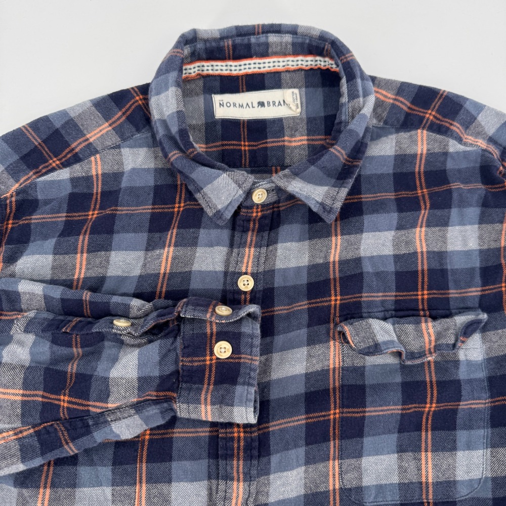 The Normal Brand Mens XL Blue Orange Plaid Flannel Button Down Shirt Cotton READ